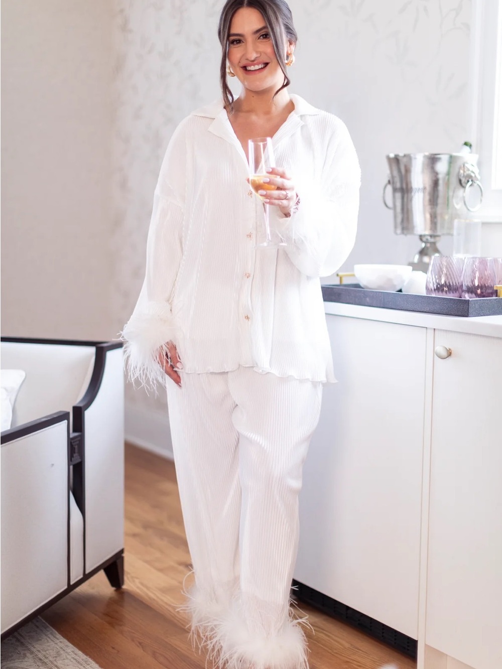 Waverly IVORY Feather-Trim Button Pajama Set